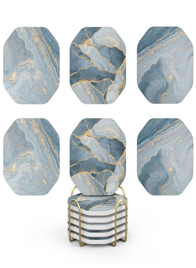 UMIRRO Ceramic Stone Coasters for Drinks Absorbent with Holder for Wooden Coffee Table, Stoneware Cup Coasters for Iced Cold or Hot Drinks, Navy Blue Marble Style, Gold, 4" Set of 6 - Image 1