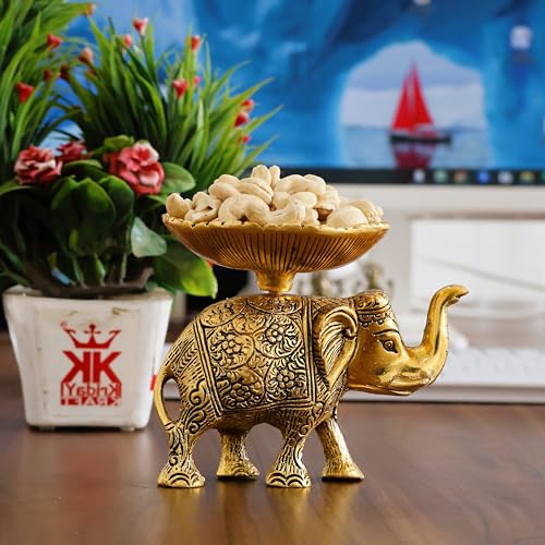 KridayKraft Metal Elephant Dry Fruit Bowl Showpiece Gold Polish for Your Home,Office Table Decorative,Elephant Showpiece Bowl for Gift,Animal Figurines - Image 1