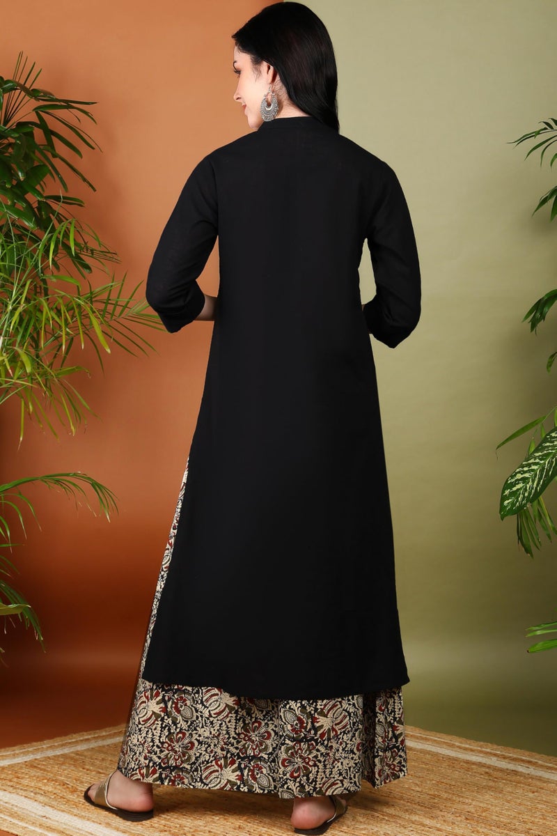 Yash Gallery Women Cotton Slub Calf Length 3/4th Sleeve Straight Kurta Set with Kalamkari Printed Pant (Black, 6XL) - Image 4