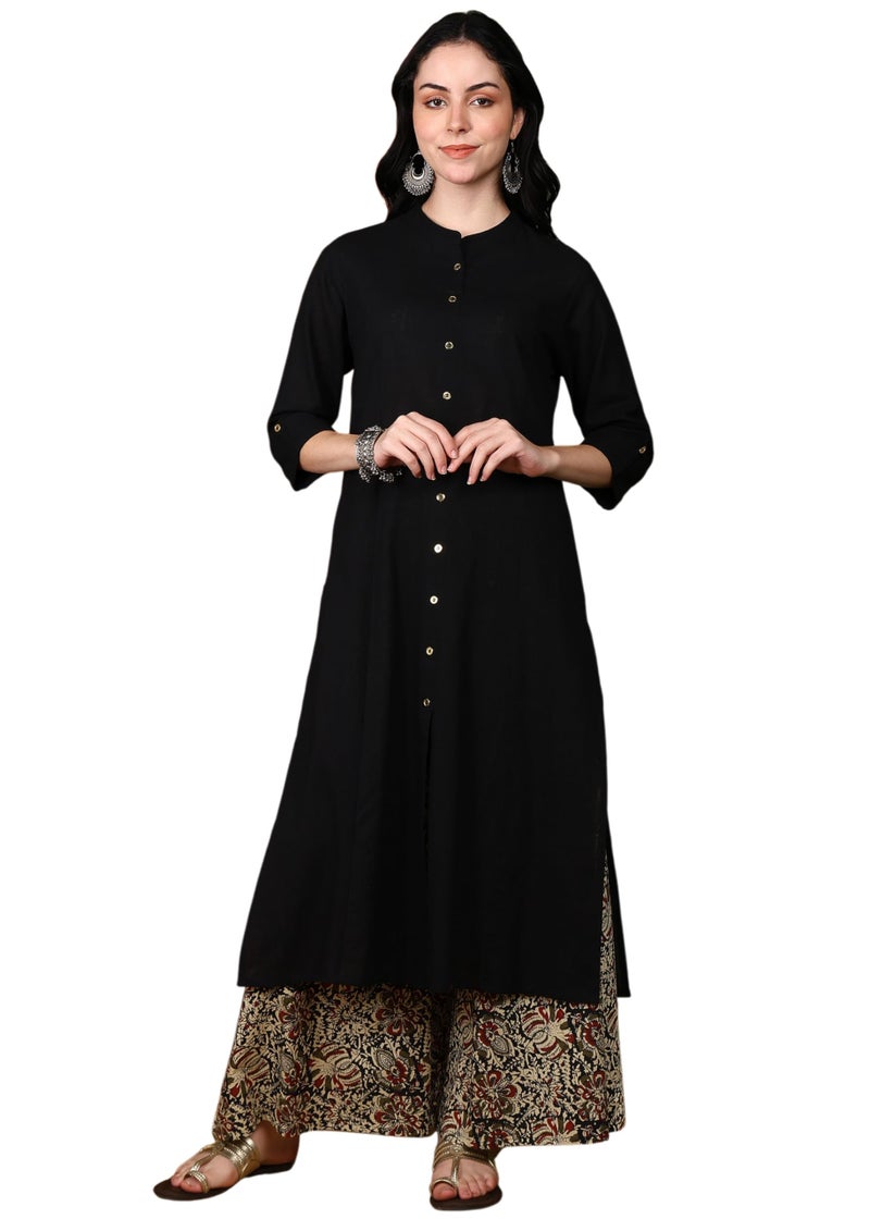 Yash Gallery Women Cotton Slub Calf Length 3/4th Sleeve Straight Kurta Set with Kalamkari Printed Pant (Black, 6XL) - Image 1
