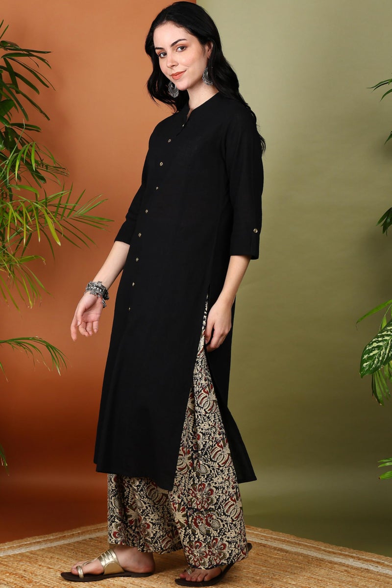 Yash Gallery Women Cotton Slub Calf Length 3/4th Sleeve Straight Kurta Set with Kalamkari Printed Pant (Black, 6XL) - Image 2