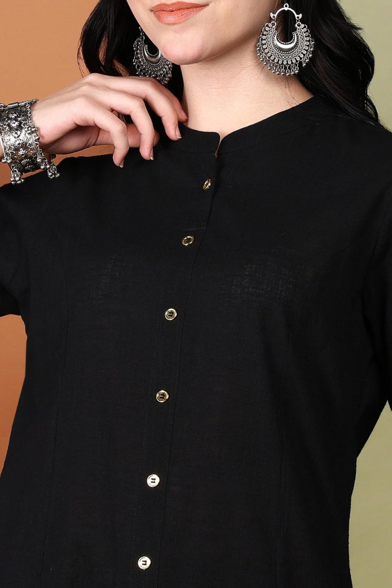 Yash Gallery Women Cotton Slub Calf Length 3/4th Sleeve Straight Kurta Set with Kalamkari Printed Pant (Black, 6XL) - Image 5