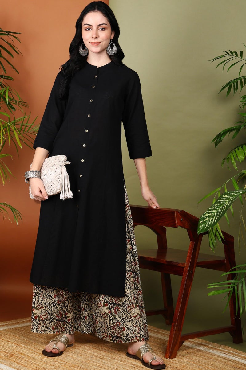 Yash Gallery Women Cotton Slub Calf Length 3/4th Sleeve Straight Kurta Set with Kalamkari Printed Pant (Black, 6XL) - Image 3