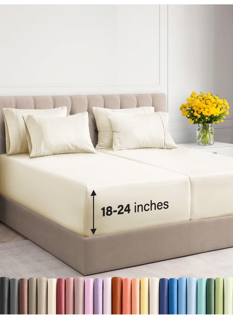 Extra Deep Split King Sheet Set - 7 Piece Breathable and Cooling Sheets - Hotel Luxury Bed Sheets Set - Easy Fit - Soft  Wrinkle Free and Comfy Sheets Set - Off White Sheet Set with Extra Deep Pockets