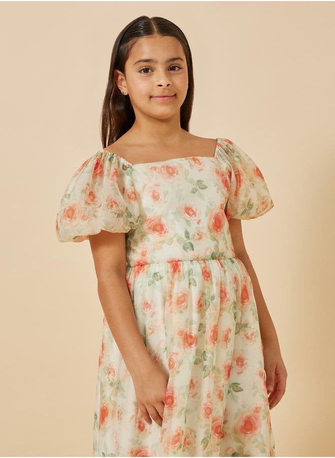 Styli - Printed Organza Puff Sleeve Dress - Image 1