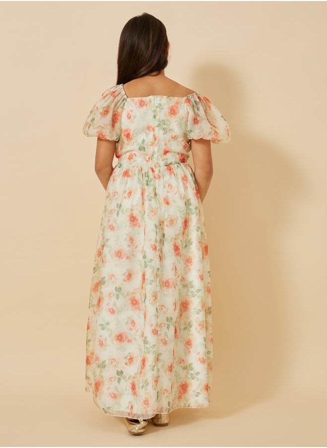 Styli - Printed Organza Puff Sleeve Dress - Image 1