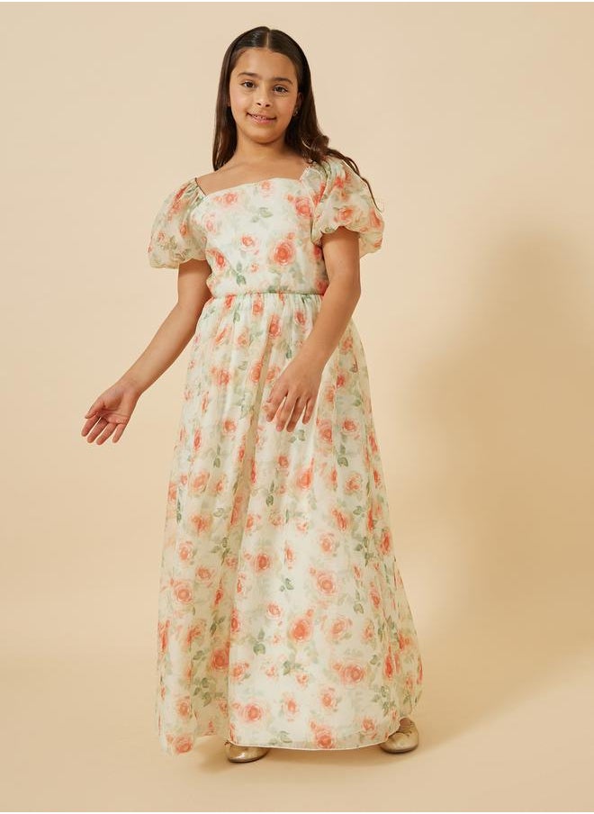 Styli - Printed Organza Puff Sleeve Dress - Image 1