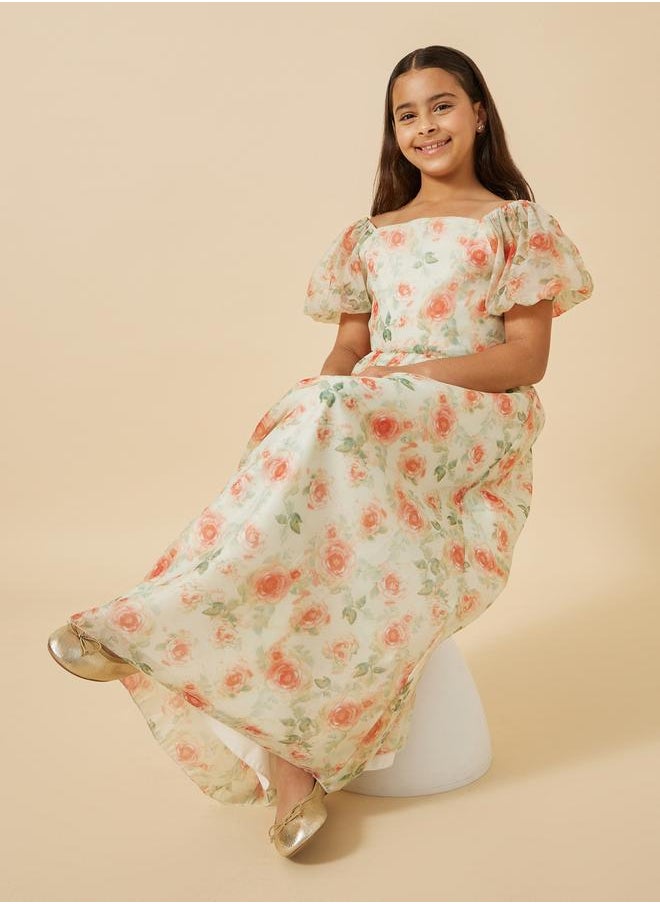Styli - Printed Organza Puff Sleeve Dress - Image 1