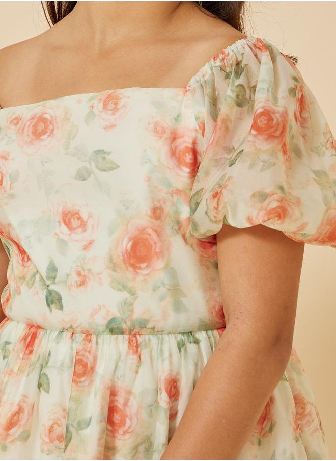 Styli - Printed Organza Puff Sleeve Dress - Image 1