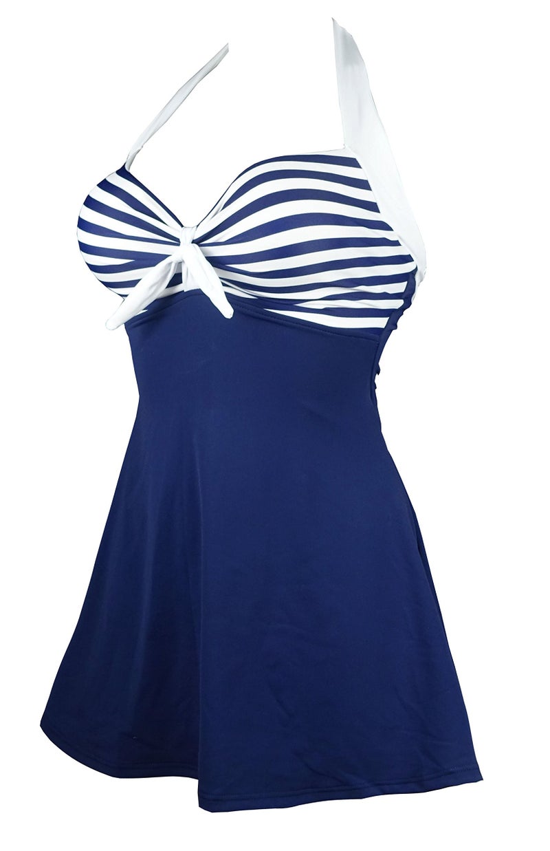 COCOSHIP White & Navy Blue Striped Vintage Sailor Pin Up Swimsuit One Piece Skirtini Cover Up Beachwear XXL(US14) - Image 2