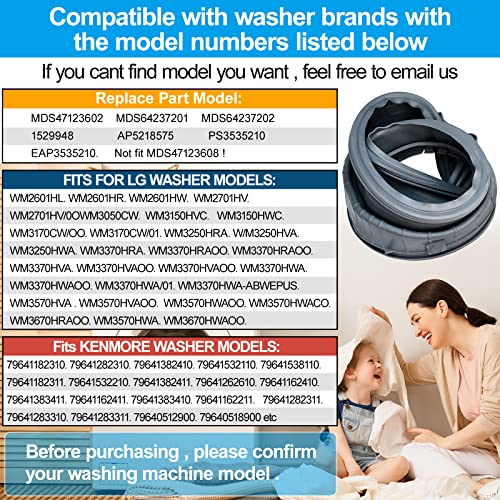 ARLBA Upgraded MDS47123601/MDS47123602 Washer Door Gasket Boot Seal Bellow Diaphragm Compatible with LG/Kenmore Washer Rubber Boot Seal MDS64237202 MDS64237201 PS3535210 1529948 WM3250HWA WM3050CW WM2701HV - Image 3
