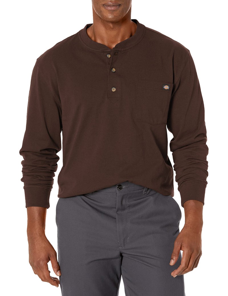 Dickies Mens Long Sleeve Heavyweight Henley Chocolate Brown XLarge