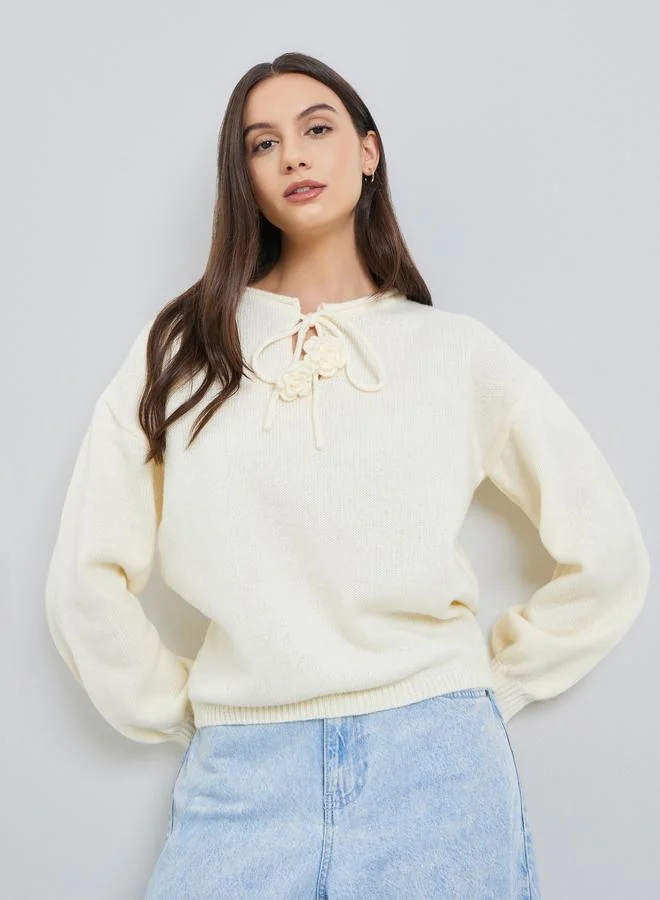 Take Two Solid Tie-Up Neck Flower Detail Sweater