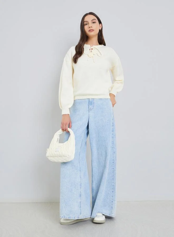 Take Two Solid Tie-Up Neck Flower Detail Sweater