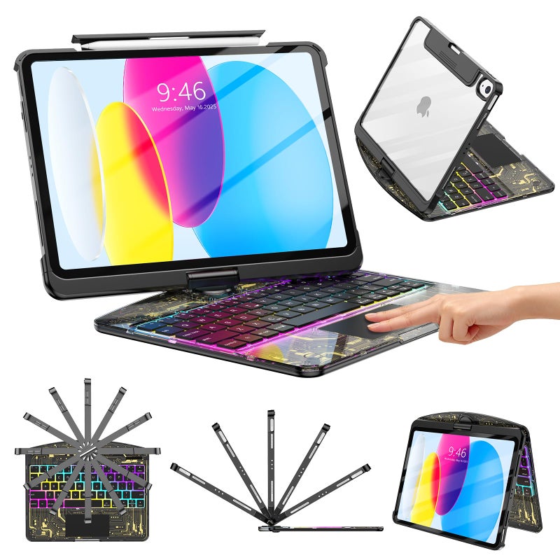 TSQQST Clear Wireless Keyboard Case for iPad (A16) 11th Generation 11-inch 2025/ iPad 10th Generation 10.9-inch 2022 with Pencil Holder & Multi-Touch Trackpad, 7-Color Backlit, 360 Rotatable, Black - Image 1