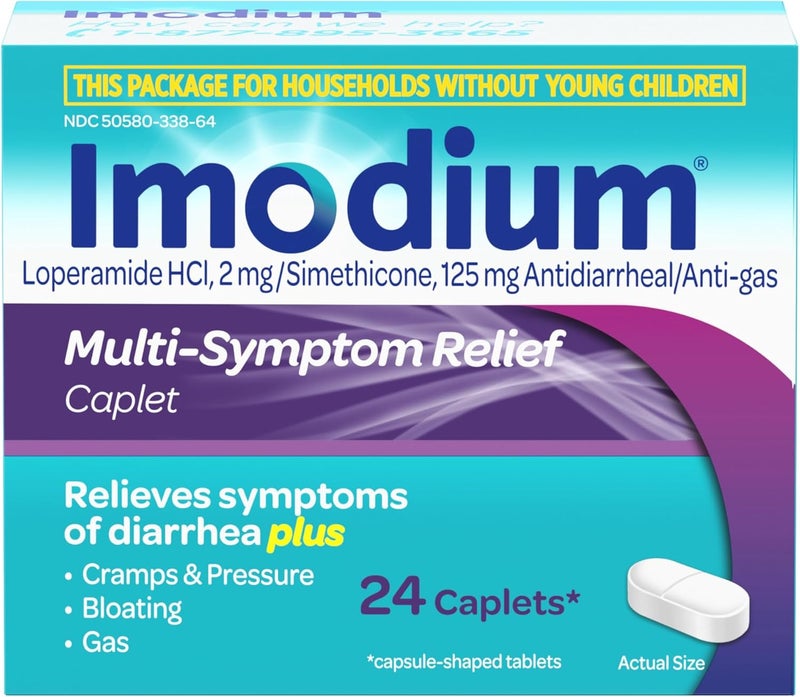 IMODIUM أقراص تخفيف الأعراض المتعددة مع لوبيراميد هيدروكلوريد وسيميثيكون، دواء مضاد للإسهال لعلاج الإسهال، الغاز، الانتفاخ، التقلصات والضغط، سهل الفتح، 24 حبة - Image 4