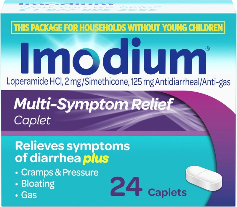 IMODIUM أقراص تخفيف الأعراض المتعددة مع لوبيراميد هيدروكلوريد وسيميثيكون، دواء مضاد للإسهال لعلاج الإسهال، الغاز، الانتفاخ، التقلصات والضغط، سهل الفتح، 24 حبة - Image 1