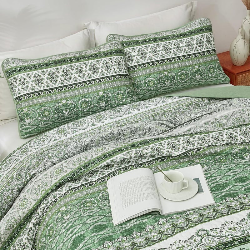 WONGS BEDDING مجموعة أغطية الأسرّة بأسلوب البوهو، حجم كينغ، لون أخضر فاتح، مجموعة أغطية أسرّة بأسلوب البوهو، غطاء سرير خفيف من القطن الميكروفيبر قابل للتحويل، مناسب لجميع المواسم، مقاس 103" × 90" (3 قطعة) - Image 4
