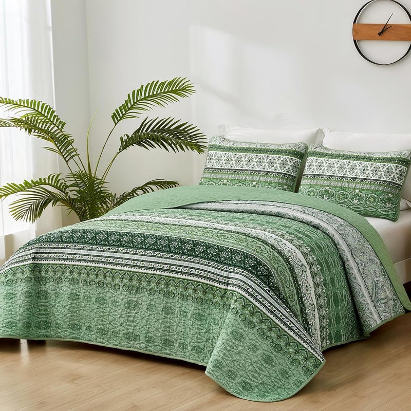 WONGS BEDDING مجموعة أغطية الأسرّة بأسلوب البوهو، حجم كينغ، لون أخضر فاتح، مجموعة أغطية أسرّة بأسلوب البوهو، غطاء سرير خفيف من القطن الميكروفيبر قابل للتحويل، مناسب لجميع المواسم، مقاس 103" × 90" (3 قطعة) - Image 2