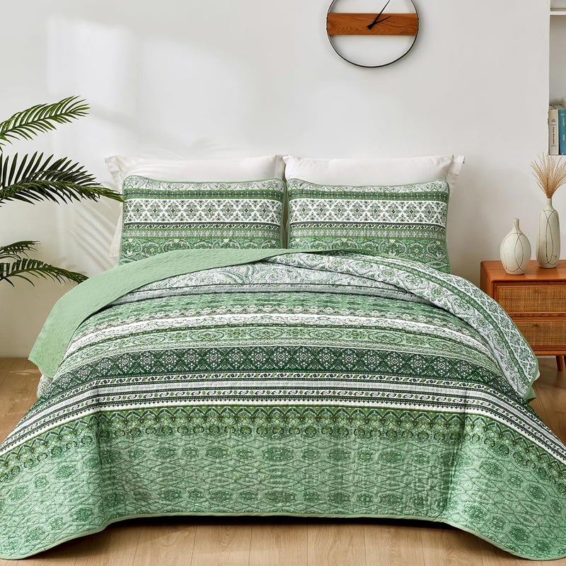 WONGS BEDDING مجموعة أغطية الأسرّة بأسلوب البوهو، حجم كينغ، لون أخضر فاتح، مجموعة أغطية أسرّة بأسلوب البوهو، غطاء سرير خفيف من القطن الميكروفيبر قابل للتحويل، مناسب لجميع المواسم، مقاس 103" × 90" (3 قطعة) - Image 1