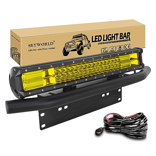 SKYWORLD 20 inch 288W Car Led Light Bar with 12V Wiring Harness Kit, Aluminum License Plate Mounting Bracket Holder for Off Road Truck SUV 4x4, 3000K Yellow Driving Fog Lights - Image 1