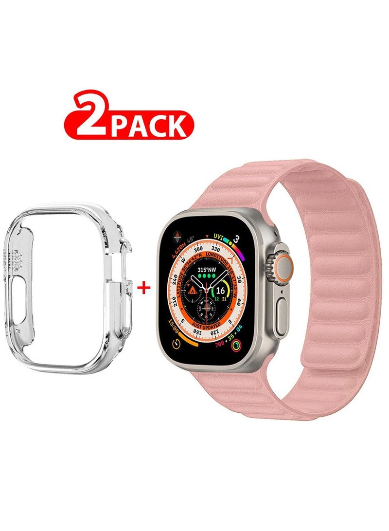 CATANES 2 Packs For Apple Watch Band 49mm Leather Link Strap Magnetic Loop Bracelet and Clear Cup Holder Light Pink  - Image 1