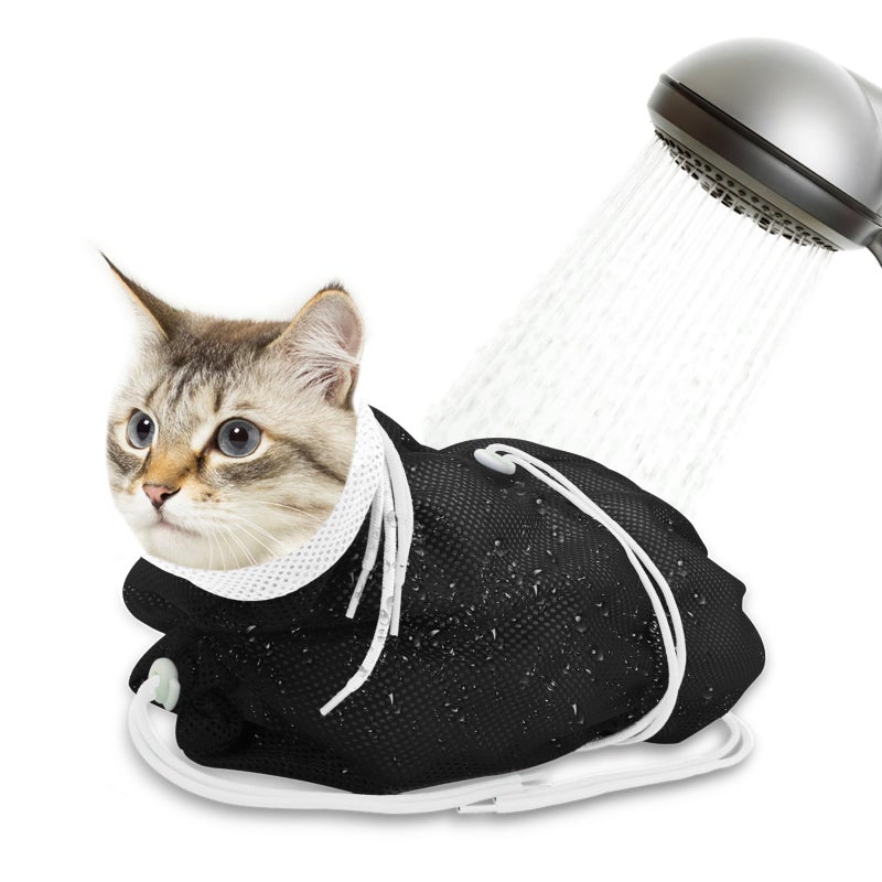 Catcan Cat Bathing Bag, Breathable Mesh Cat Shower Bag Anti Scratch Adjustable Grooming Bag for Nail Trimming Polyester Soft Washing Bag - Image 1