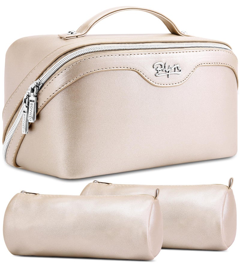 BOYATU Travel Makeup Bag Organizer Cosmetic Bag: 3 Pcs Set Make up Bags for Women with Handle - Waterproof Vegan Leather Toiletry Bags Travel Essentials Pouch with Compartments (C-03-Sliver) - Image 1