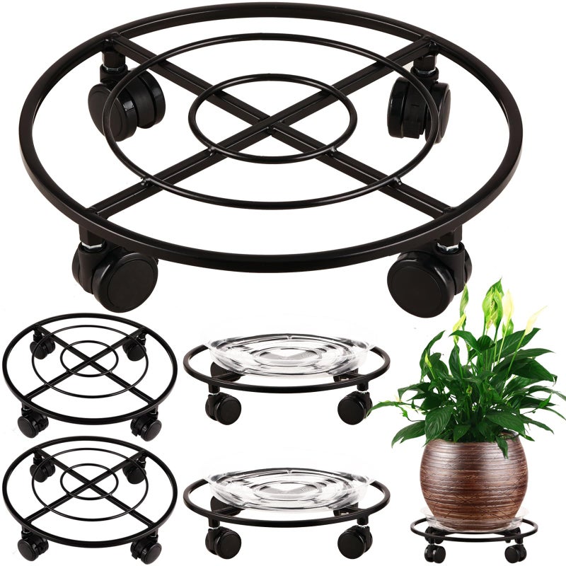 Planterhoma 4 Packs Large Metal Plant Caddy 12" Heavy-Duty Plant Dolly with PU Wheels Wrought Iron Rolling Plant Stand with Casters Indoor and Outdoor Plant Pot Movers Planter Rollers Coaster Trolley, Black - Image 1
