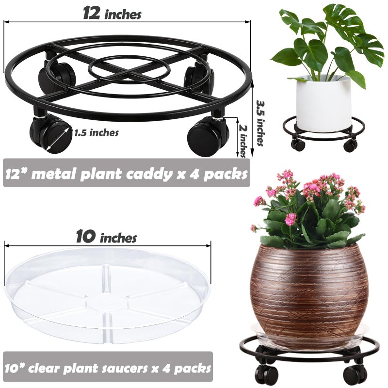Planterhoma 4 Packs Large Metal Plant Caddy 12" Heavy-Duty Plant Dolly with PU Wheels Wrought Iron Rolling Plant Stand with Casters Indoor and Outdoor Plant Pot Movers Planter Rollers Coaster Trolley, Black - Image 4