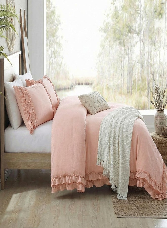 Bedorm Pink Ruffled Duvet Cover Girls Coquette Bedding Set Cute Lace Fringe Ruffle Bedding Shabby Chic Farmhouse Style Super Soft Cozy Elegant Cover Cover Set Queen Size - Image 4