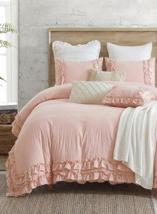 Bedorm Pink Ruffled Duvet Cover Girls Coquette Bedding Set Cute Lace Fringe Ruffle Bedding Shabby Chic Farmhouse Style Super Soft Cozy Elegant Cover Cover Set Queen Size - Image 2