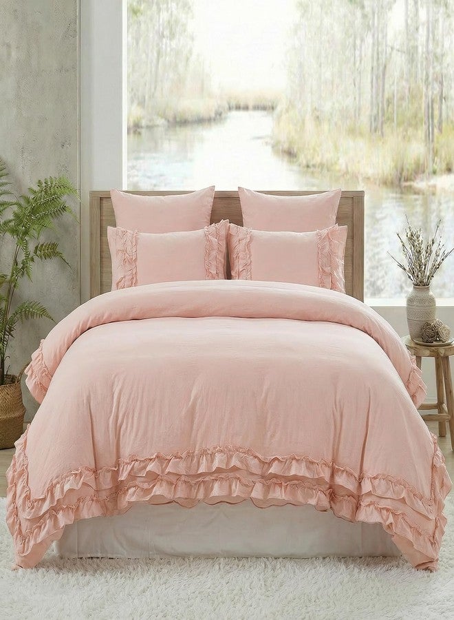 Bedorm Pink Ruffled Duvet Cover Girls Coquette Bedding Set Cute Lace Fringe Ruffle Bedding Shabby Chic Farmhouse Style Super Soft Cozy Elegant Cover Cover Set Queen Size - Image 5