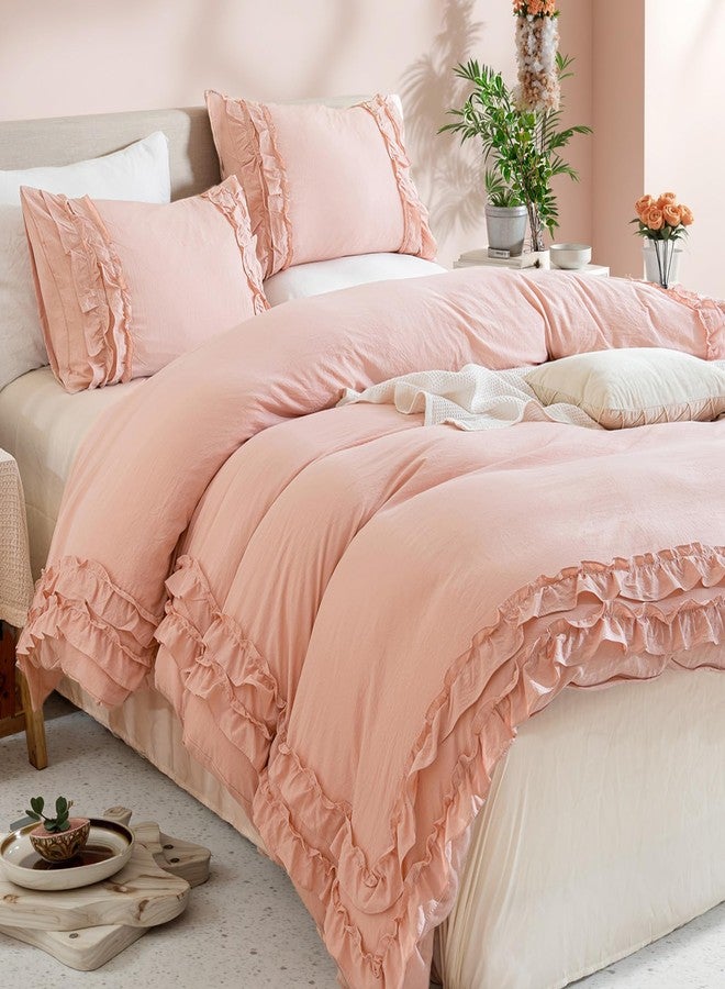 Bedorm Pink Ruffled Duvet Cover Girls Coquette Bedding Set Cute Lace Fringe Ruffle Bedding Shabby Chic Farmhouse Style Super Soft Cozy Elegant Cover Cover Set Queen Size - Image 1
