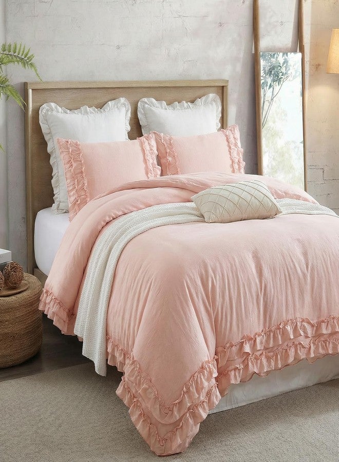 Bedorm Pink Ruffled Duvet Cover Girls Coquette Bedding Set Cute Lace Fringe Ruffle Bedding Shabby Chic Farmhouse Style Super Soft Cozy Elegant Cover Cover Set Queen Size - Image 3