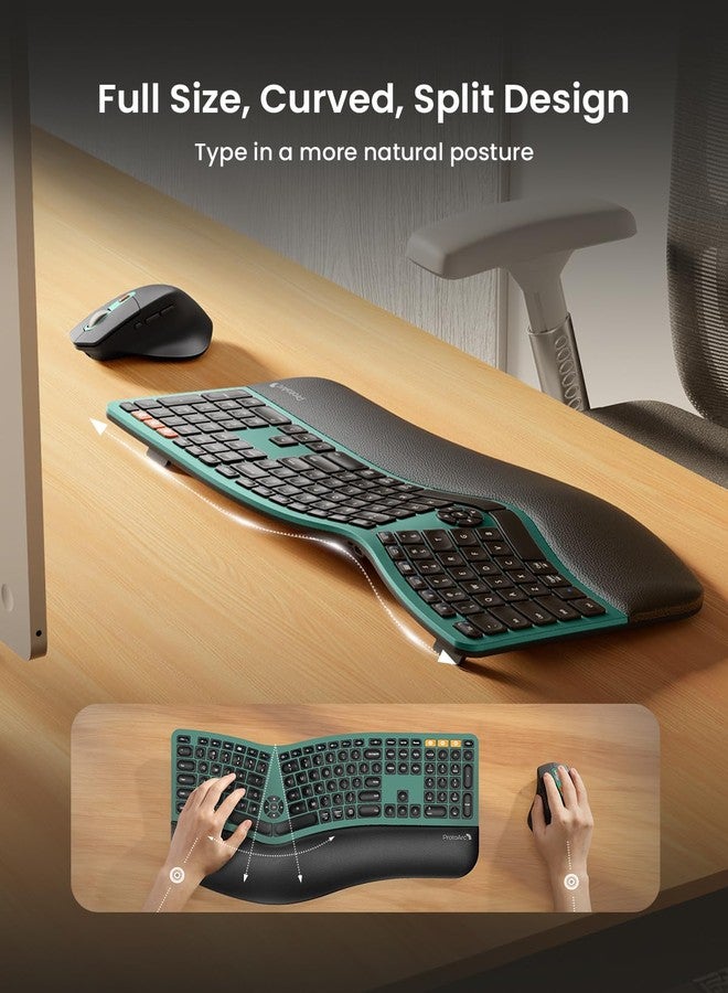 ProtoArc Ergonomic Wireless Keyboard Mouse, EKM01 Plus Full Size Ergo Bluetooth Keyboard Mouse Combo, Split Design, Wrist Rest, Multi-Device, Rechargeable, for Windows/Mac OS - Dark Green - Image 2