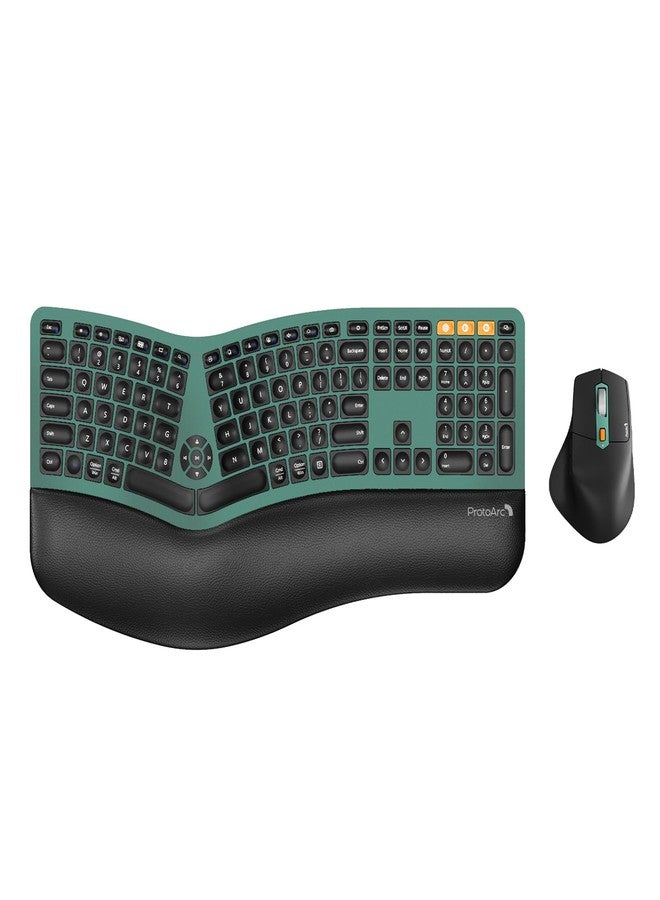 ProtoArc Ergonomic Wireless Keyboard Mouse, EKM01 Plus Full Size Ergo Bluetooth Keyboard Mouse Combo, Split Design, Wrist Rest, Multi-Device, Rechargeable, for Windows/Mac OS - Dark Green - Image 1