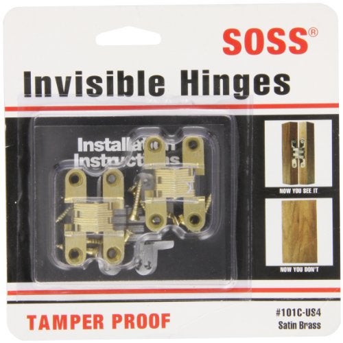 SOSS - 101CUS4 Mortise Mount Invisible Hinges with 4 Holes, Zinc, Satin Brass Finish, 1-11/16" Leaf Height, 3/8" Leaf Width, 29/64" Leaf Thickness, 5 x 3/4" Screw Size (1 Pair) - Image 1