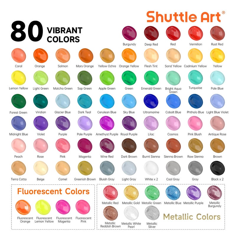 Shuttle Art 80 Colors Acrylic Paint, Acrylic Paint set with 12 Paint Brushes, 2oz/60ml Bottles, Rich Pigmented, Premium Paints for Artists, Beginners and Kids on Canvas Rocks Wood Ceramic - Image 4