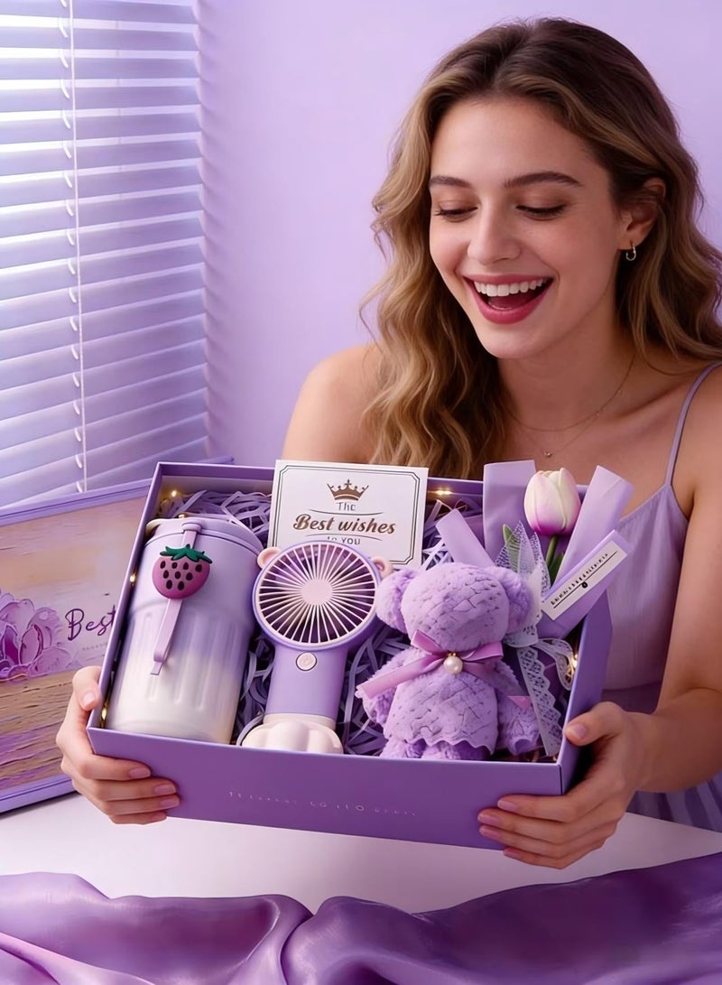 Nestvel Purple Gift Set for Her - Strawberry Tumbler, Handheld Fan, Towel Bear & Tulip Flower, Luxury Birthday Gift Box for Women, Girls, Friends, Wife, Mother, Anniversary, Valentine's Day, Ramadan Gift Hamper - Image 2