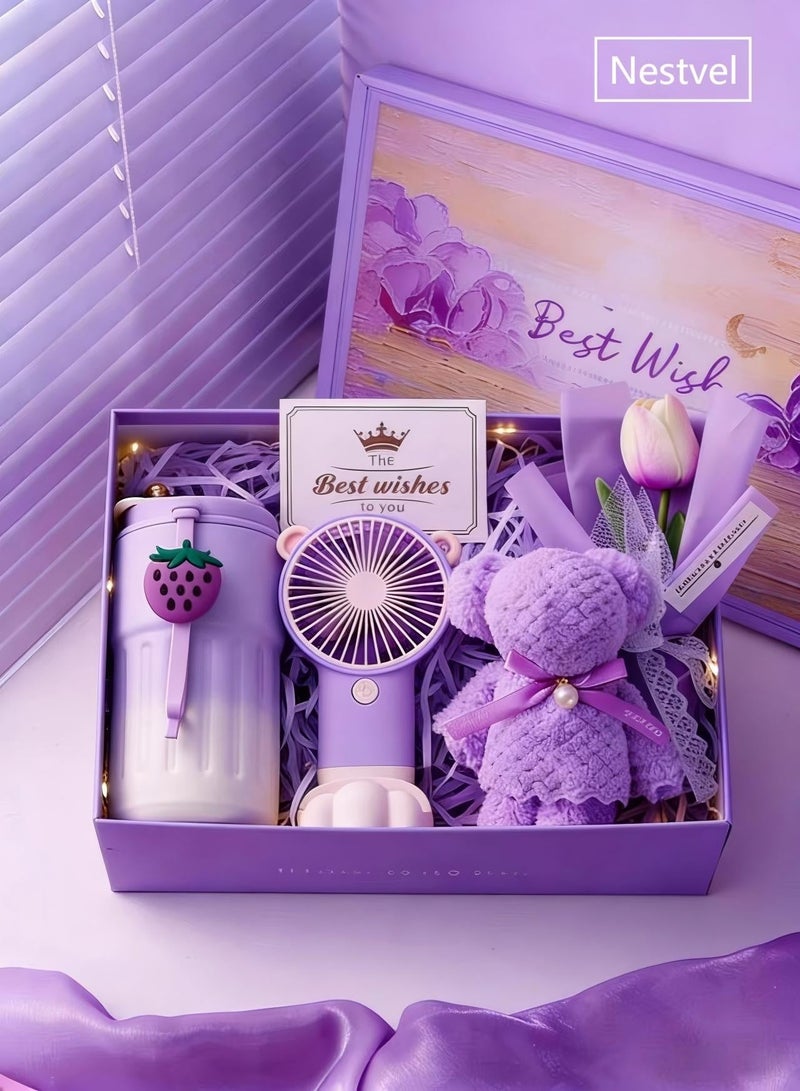 Nestvel Purple Gift Set for Her - Strawberry Tumbler, Handheld Fan, Towel Bear & Tulip Flower, Luxury Birthday Gift Box for Women, Girls, Friends, Wife, Mother, Anniversary, Valentine's Day, Ramadan Gift Hamper - Image 1