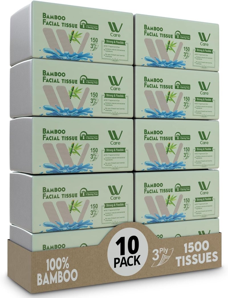 WBM Care Bamboo Facial Tissues Bulk Box of 10 Packs 150 Sheets Each Total 1500 Sheets Soft and ecofriendly perfect for everyday use great value - Image 1