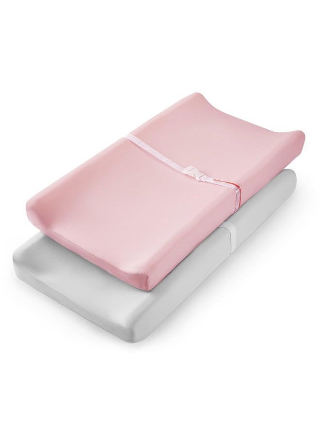 TILLYOU Changing Pad Cover Set in Soft Jersey Material Diaper Changing Table Sheets - Fits 32"/34''x16 Contoured Pad for Babies,Peachy Pink & Lt Gray - Image 1