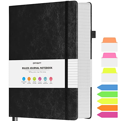 OFFIGIFT Lined Journal Notebook, Large A5 College Ruled Notebook, 312 Numbered Pages Work Notebook with Index Stickers, 100gsm Thick Paper, Hardcover Vegan Leather Journal for Women Men School Office, Black - Image 1