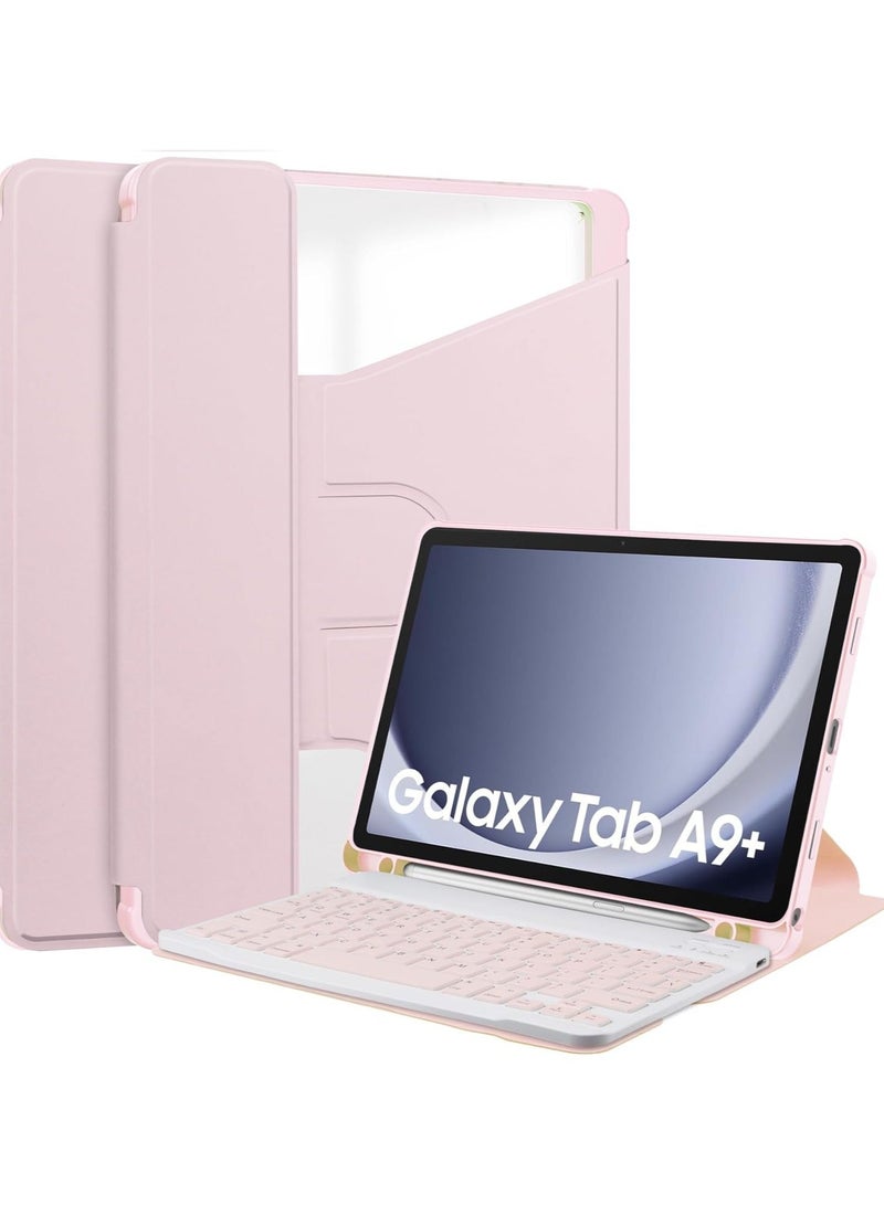 غطاء حامل رفيع وخفيف الوزن لجهاز Samsung Galaxy Tab A9 Plus/A9+ 5G مقاس 11 بوصة موديل 2023 (SM-X210/X216/X218) مع لوحة مفاتيح لاسلكية قابلة للفصل مغناطيسيًا بتقنية البلوتوث، أسود (وردي) - Image 1