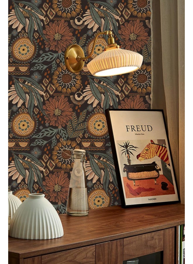 HAOKHOME HAOKHOME 93291 Wallpaper Peel and Stick Floral Boho Brown/PeachPuff/Green Retro Wall Decor Bathroom Removable Mural 17.7in x 6.6ft - Image 5