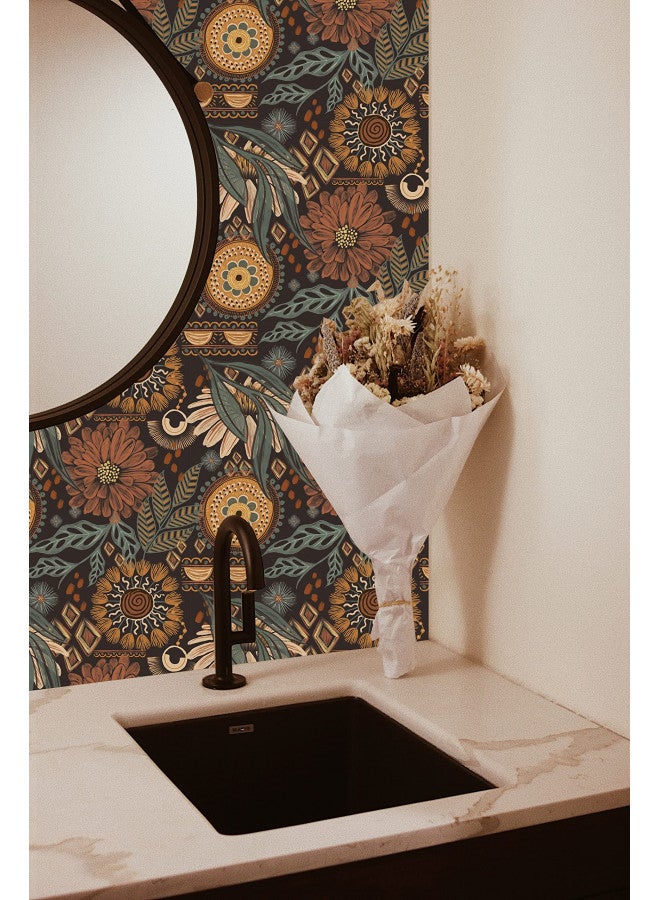 HAOKHOME HAOKHOME 93291 Wallpaper Peel and Stick Floral Boho Brown/PeachPuff/Green Retro Wall Decor Bathroom Removable Mural 17.7in x 6.6ft - Image 3