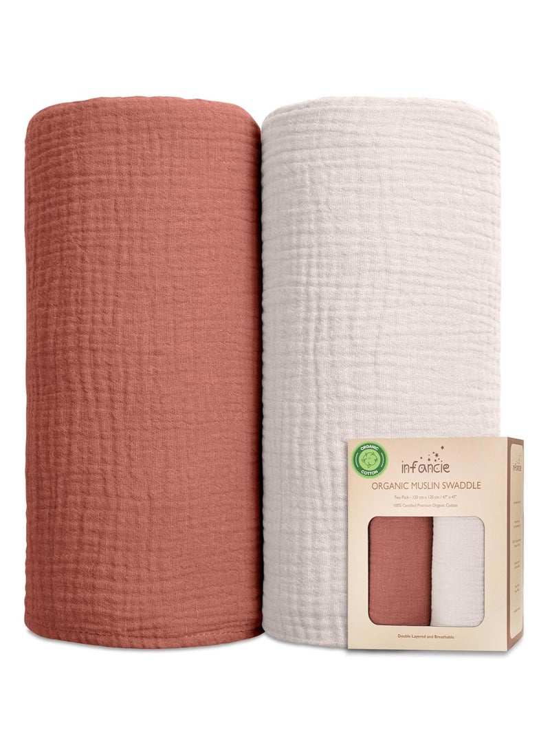 infancie Organic Cotton Muslin Baby  Blanket - Breathable, Large 120x120 cm for baby swaddle blanket Hypoallergenic Muslin Baby Blankets, Versatile, Double layer (Rust/Ivory)  - Image 1