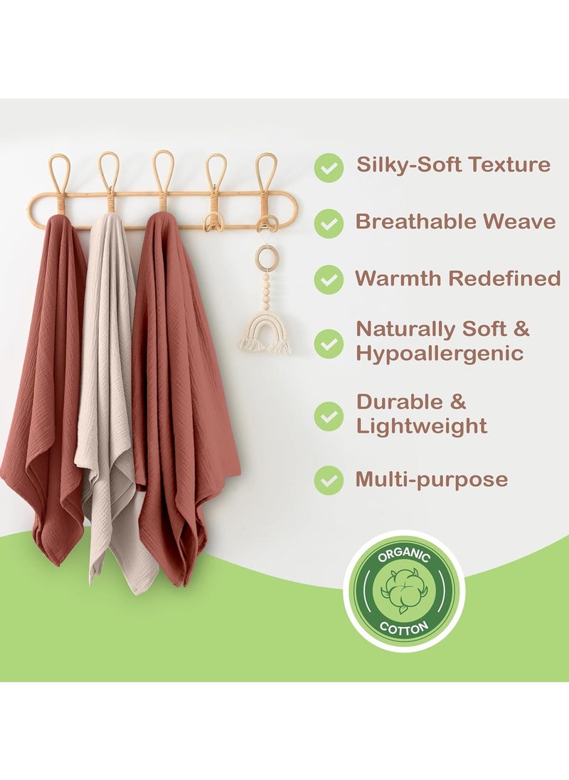 infancie Organic Cotton Muslin Baby  Blanket - Breathable, Large 120x120 cm for baby swaddle blanket Hypoallergenic Muslin Baby Blankets, Versatile, Double layer (Rust/Ivory)  - Image 2