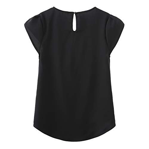 TASAMO Women's Casual Round Neck Basic Pleated Top Cap Sleeve Curved Keyhole Back Chiffon Blouse (Large, Black) - Image 2